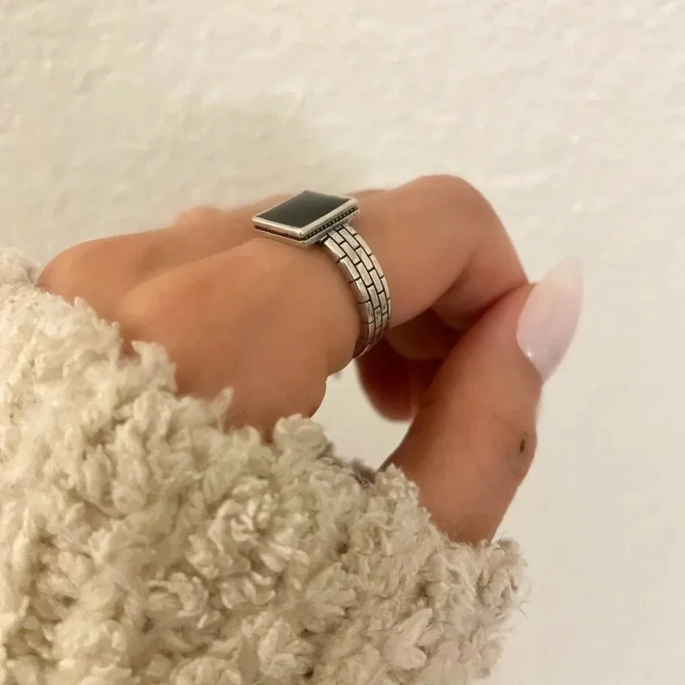 925 Sterling Silver Dainty Black Square Ring Minimalist Stackable Ring
